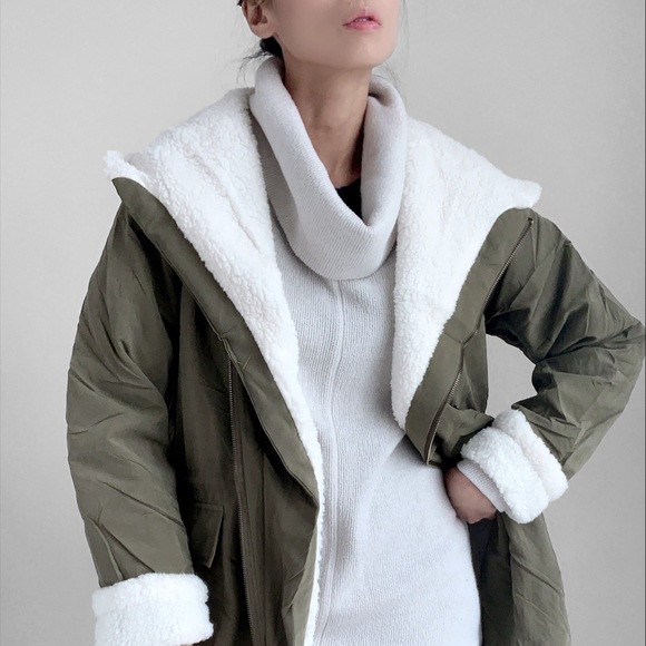 OLIVE FAUX SHEARLING PARKA JACKET - Picture 5 of 11